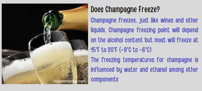 Does Champagne freeze? Yes at a temperature of less than 15°F to 20°F (-9°C to -6°C)